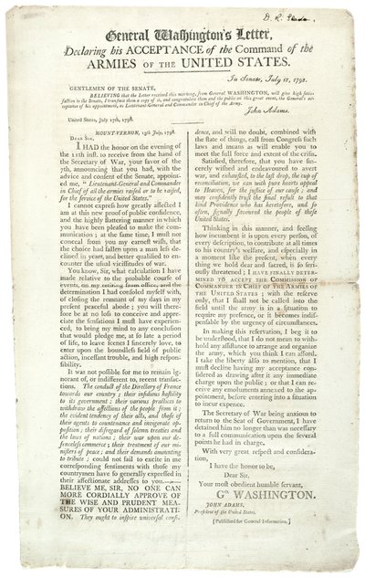 Brief van generaal Washington waarin hij zijn aanvaarding van het commando verklaart, 18 juli 1798 door George Washington